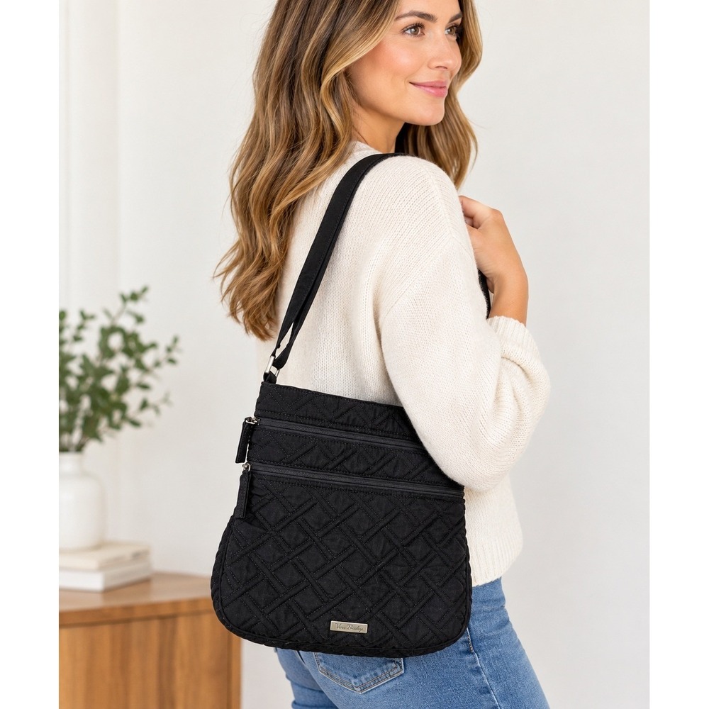 Vera Bradley Triple Zip Hipster Crossbody Bag Black Quilted Cotton Handbag